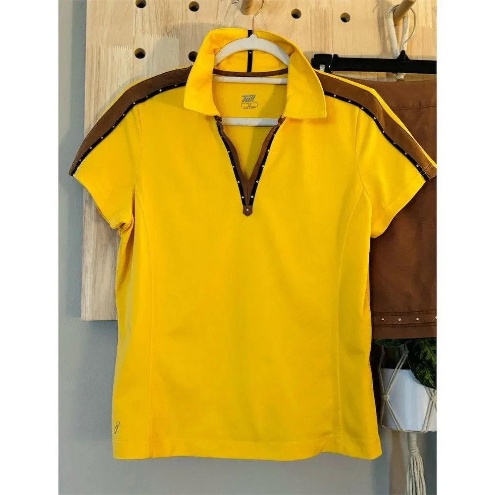 Tail Women's Short Sleeve Golf Polo Top Yellow w/ Navy Blue Piping Size M